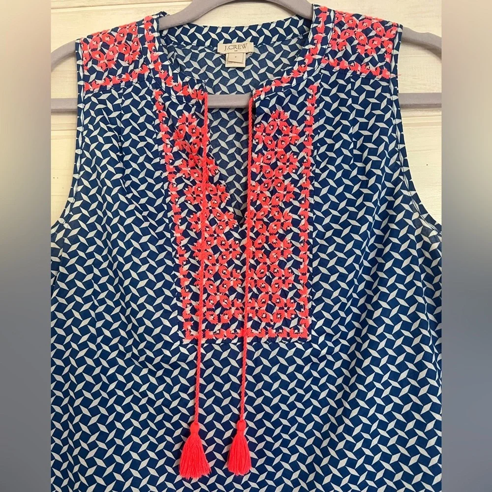 J. Crew Navy Geometric Sleeveless Top with Coral Embroidery